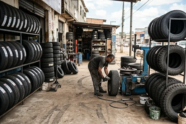 Diversos tipos de pneus expostos em uma borracharia.