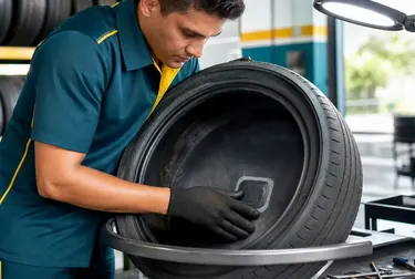 Profissional consertando um pneu em uma borracharia.