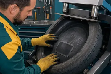 Profissional realizando vulcanização de pneus em uma borracharia.