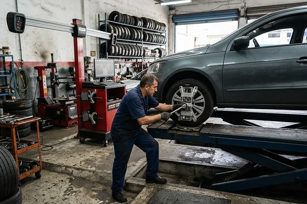 Técnico realizando alinhamento de rodas em uma borracharia.